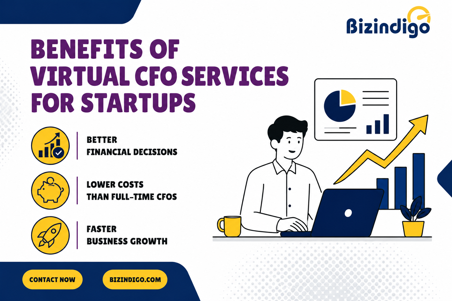 Benefits of Virtual CFO Services for Startups including better financial decisions, lower costs than full-time CFOs, and faster business growth.
