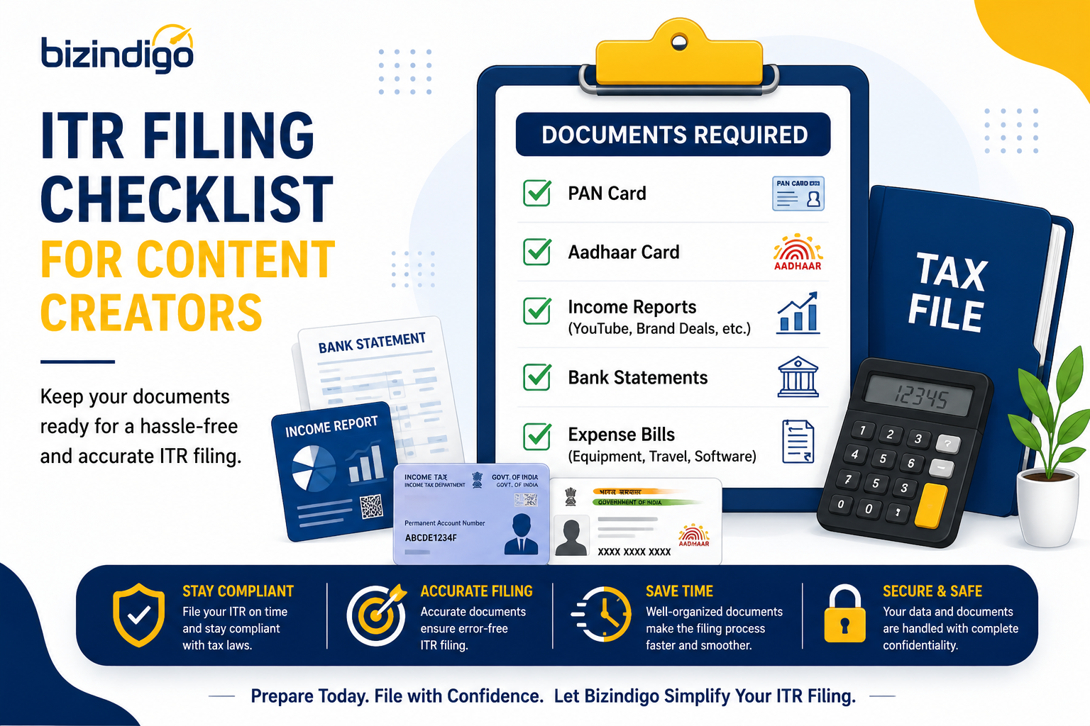 ITR Filing Checklist for Content Creators ITR filing checklist for content creators showing PAN card, Aadhaar card, income reports, bank statements, and expense bills